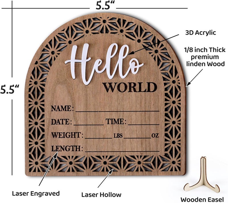 HOUISM Bleed Proof Engineered Wood, 5.5 Inch Wooden Birth Announcement Sign with Easel Stand, 3D Arcylic Hello Sign, Newborn Announcement Plaque for Girl Boy Photo Prop Baby Shower Nursery Hospital - Rustic - Image 3